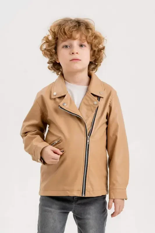 Zippered Boy's Leather Jacket-Beige - 4