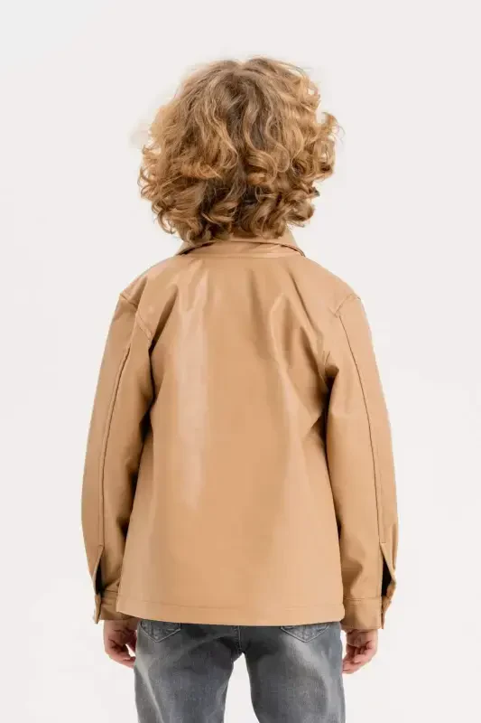 Zippered Boy's Leather Jacket-Beige - 5