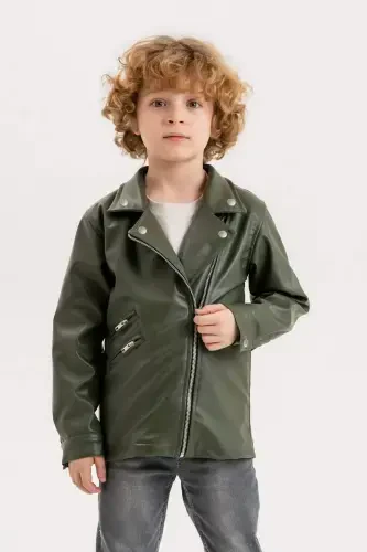 Zippered Boys Leather Jacket-Green - 1
