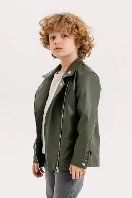 Zippered Boys Leather Jacket-Green - 2