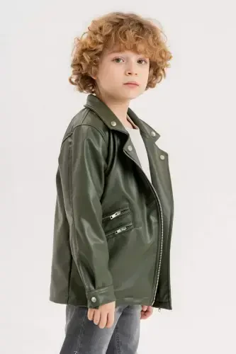 Zippered Boys Leather Jacket-Green - 3