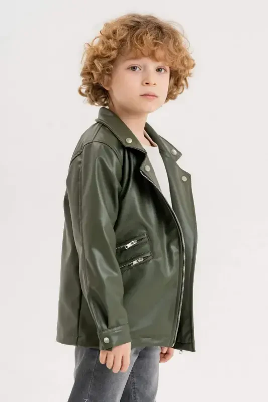 Zippered Boys Leather Jacket-Green - 3