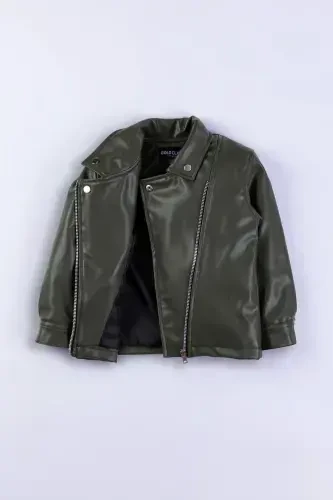 Zippered Boys Leather Jacket-Green - 5