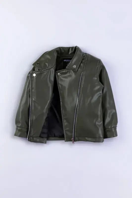 Zippered Boys Leather Jacket-Green - 5