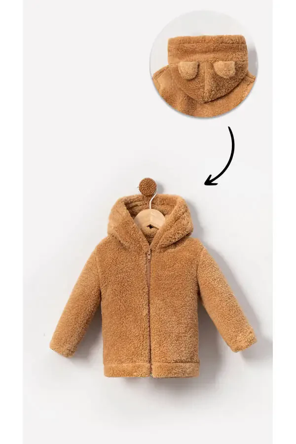 Zippered, hooded, baby plush Welsoft winter jacket - brown - 2