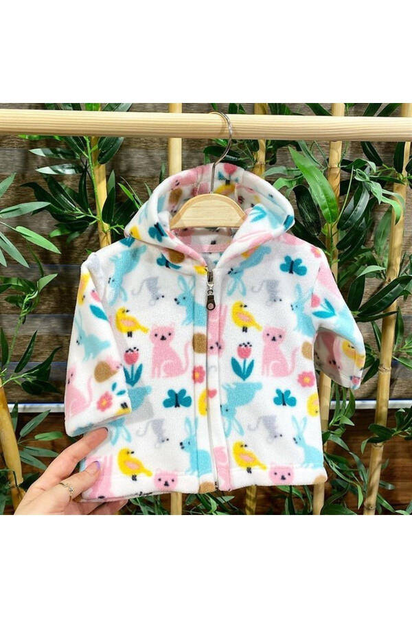 Zippered Hooded Fleece Baby Cardigan Rabbit Bird Flower - 2