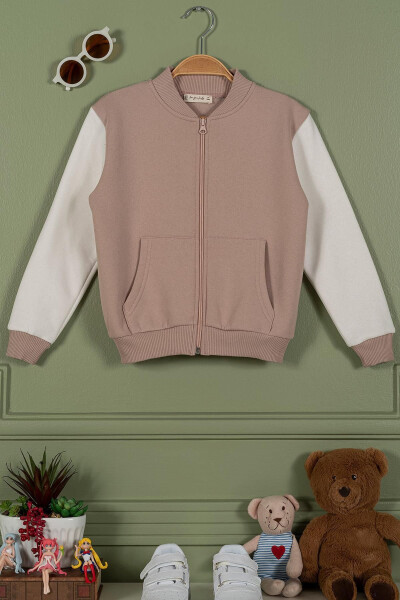 Zippered Hooded Kangaroo Pocket Beige Girls Jacket - 3