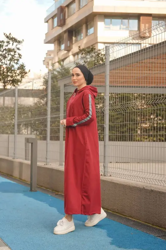 Zippered Hooded Sport Abaya Bts0008 Burgundy-Burgundy - 6
