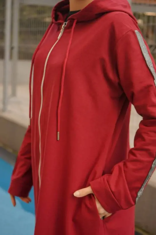 Zippered Hooded Sport Abaya Bts0008 Burgundy-Burgundy - 3