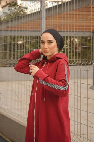 Zippered Hooded Sport Abaya Bts0008 Burgundy-Burgundy - 7
