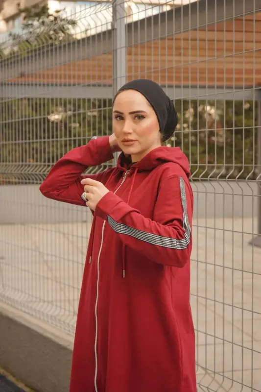 Zippered Hooded Sport Abaya Bts0008 Burgundy-Burgundy - 7