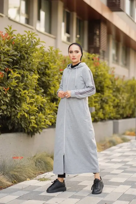 Zippered Hooded Sport Abaya Bts0008 Gray-GRAY - 1