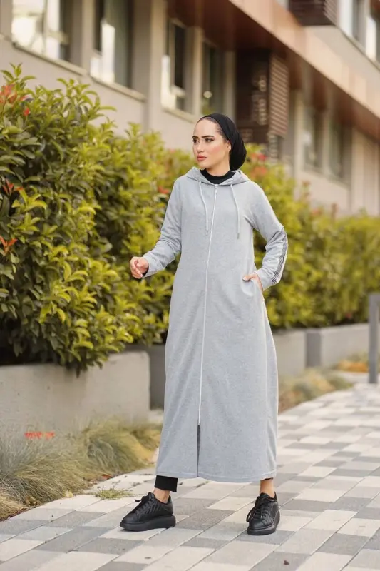Zippered Hooded Sport Abaya Bts0008 Gray-GRAY - 3