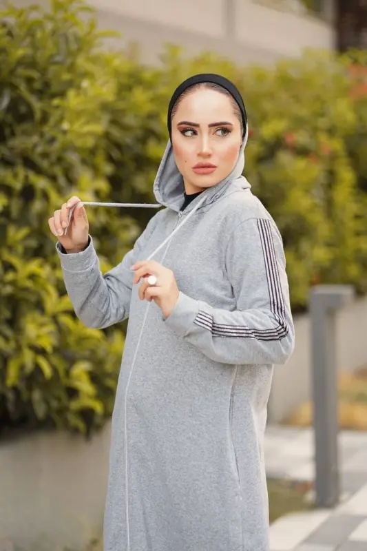 Zippered Hooded Sport Abaya Bts0008 Gray-GRAY - 4