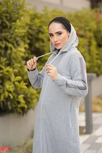 Zippered Hooded Sport Abaya Bts0008 Gray-GRAY - GENEL MARKALAR (1)