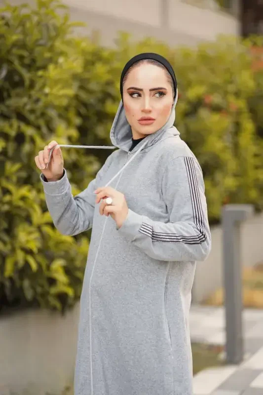 Zippered Hooded Sport Abaya Bts0008 Gray-GRAY - 4