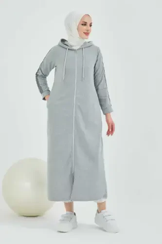 Zippered Hooded Sport Abaya Bts0008 Gray-GRAY - 5