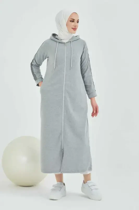 Zippered Hooded Sport Abaya Bts0008 Gray-GRAY - 5