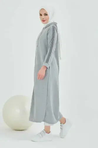 Zippered Hooded Sport Abaya Bts0008 Gray-GRAY - 6