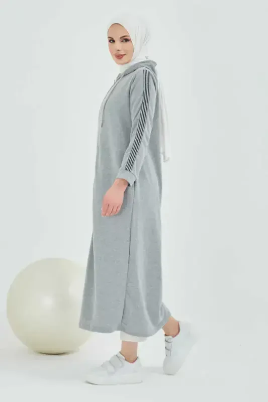 Zippered Hooded Sport Abaya Bts0008 Gray-GRAY - 6
