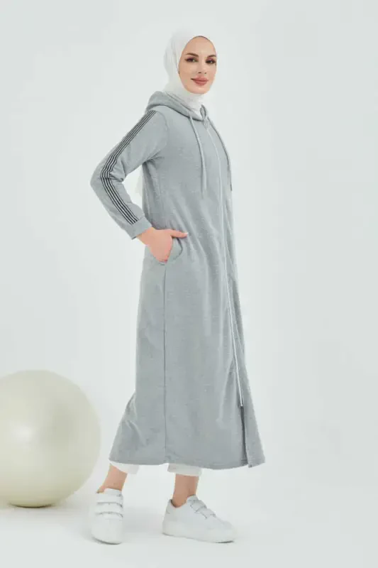 Zippered Hooded Sport Abaya Bts0008 Gray-GRAY - 7