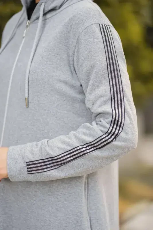 Zippered Hooded Sport Abaya Bts0008 Gray-GRAY - 8