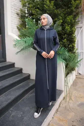 Zippered Hooded Sport Abaya Bts0008 Navy Blue-Navy Blue - 1