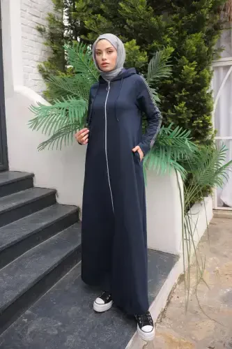 Zippered Hooded Sport Abaya Bts0008 Navy Blue-Navy Blue - GENEL MARKALAR (1)