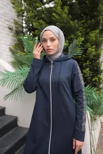 Zippered Hooded Sport Abaya Bts0008 Navy Blue-Navy Blue - 3