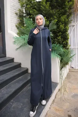 Zippered Hooded Sport Abaya Bts0008 Navy Blue-Navy Blue - 4