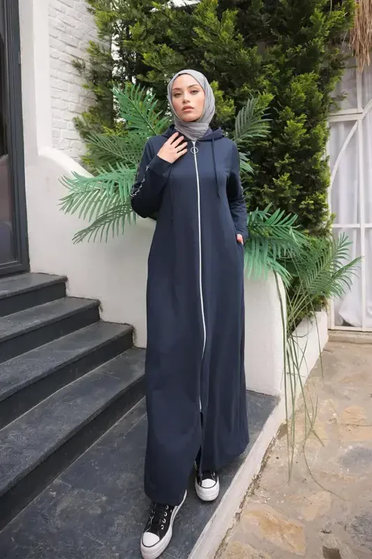 Zippered Hooded Sport Abaya Bts0008 Navy Blue-Navy Blue - 4