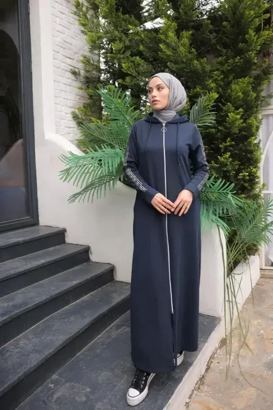 Zippered Hooded Sport Abaya Bts0008 Navy Blue-Navy Blue - 6