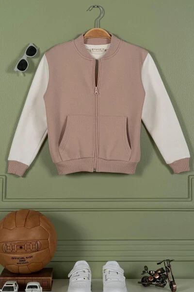 Zippered Kangaroo Pocket Beige Boys Jacket - 1