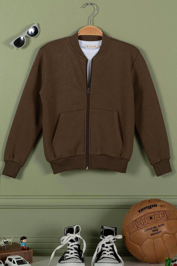 Zippered Kangaroo Pocket Coffee Boys Jacket - 3