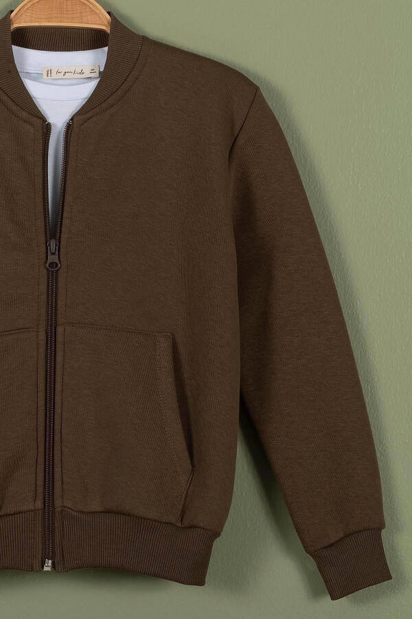 Zippered Kangaroo Pocket Coffee Boys Jacket - 4