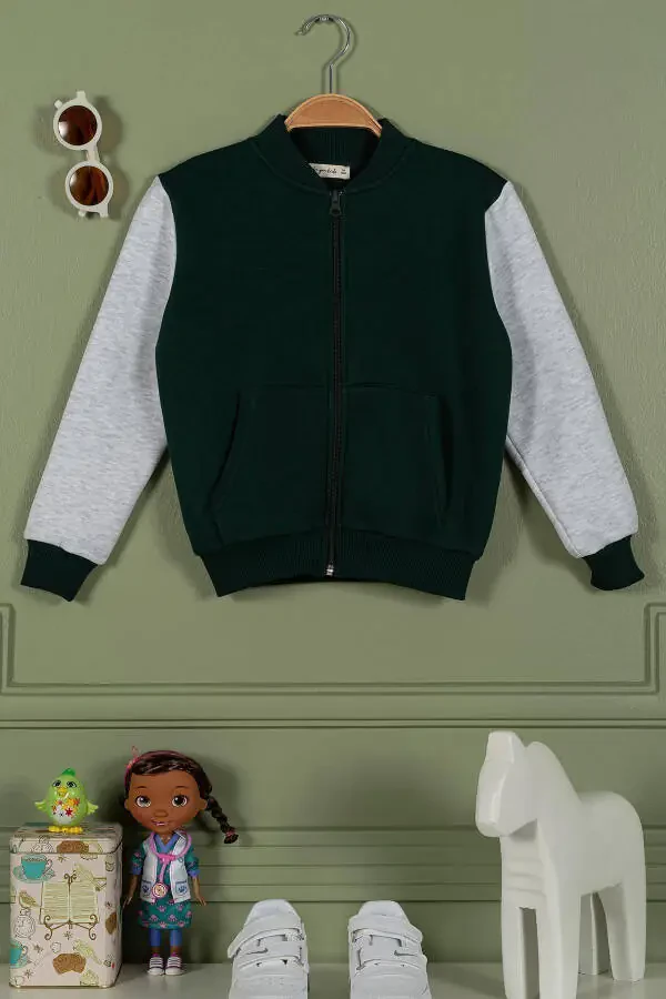 Zippered Kangaroo Pocket Emerald Green Girls Jacket - 3