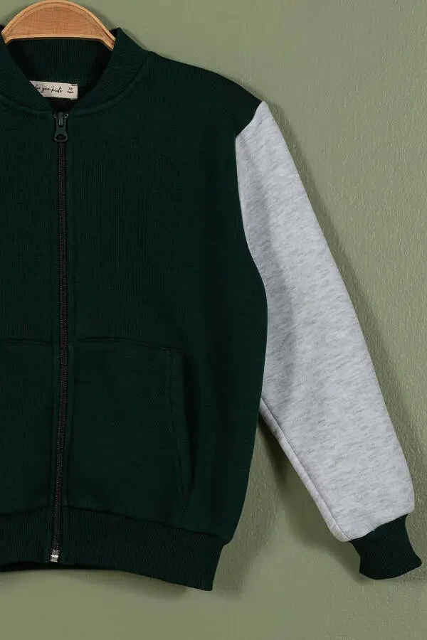 Zippered Kangaroo Pocket Emerald Green Girls Jacket - 4