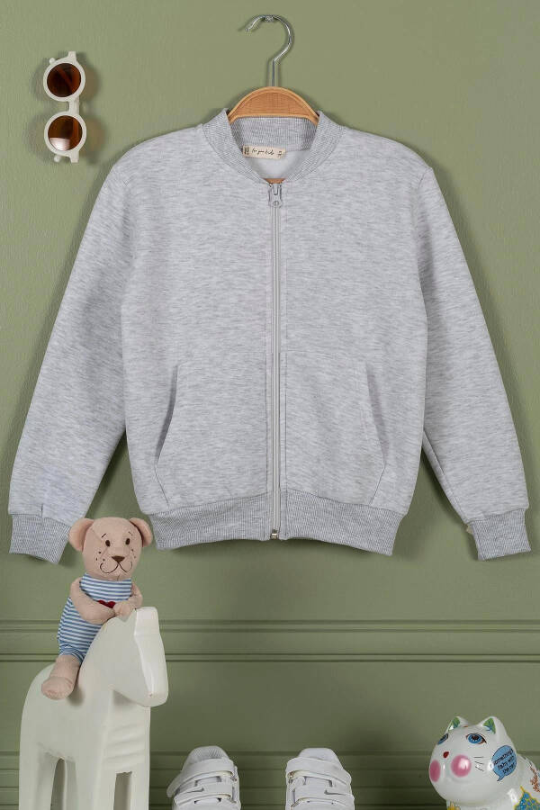 Zippered Kangaroo Pocket Grey Girl's Jacket - 3