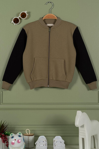 Zippered Kangaroo Pocket Khaki Girls Jacket - 3