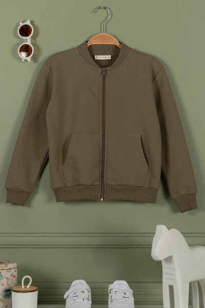 Zippered Kangaroo Pocket Khaki Girls Jacket - 3