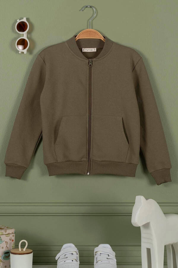 Zippered Kangaroo Pocket Khaki Girls Jacket - 1