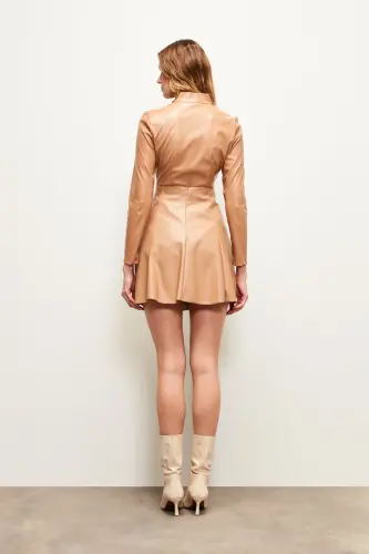Zippered Leather Bodysuit - Camel-CAMEL - 6