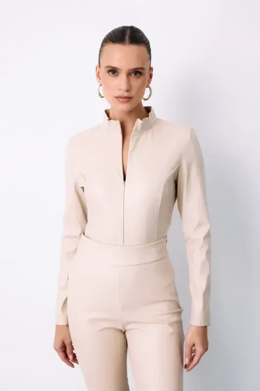 Zippered Leather Bodysuit - Stone - 2