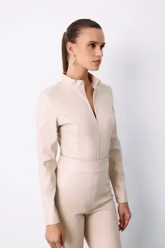 Zippered Leather Bodysuit - Stone - 3