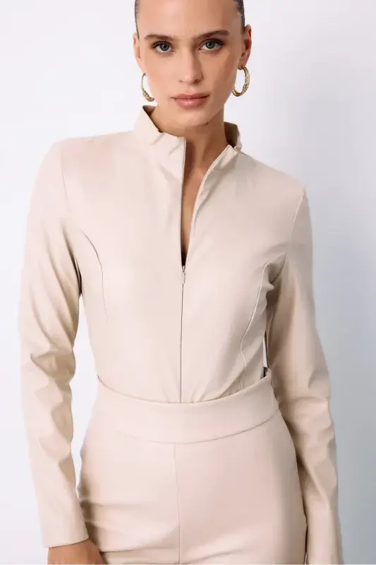 Zippered Leather Bodysuit - Stone - 4