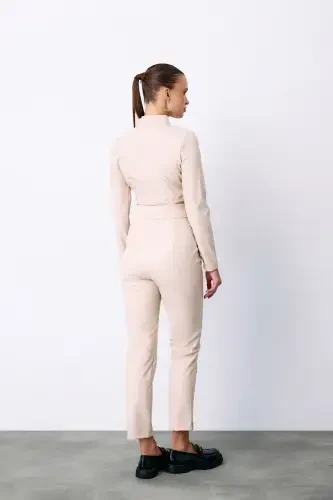 Zippered Leather Bodysuit - Stone - 5