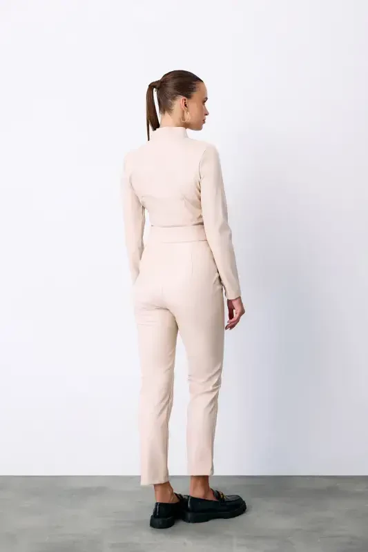 Zippered Leather Bodysuit - Stone - 5