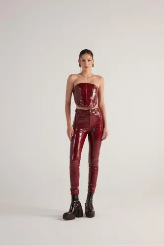 Zippered Patent Leather Bria Bustier Burgundy - 11