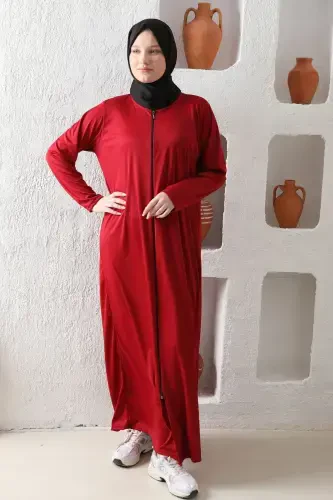 Zippered Seasonal Lightweight Fabric Women's Prayer Dress Abaya-Burgundy - KUTAY COLLECTION (1)