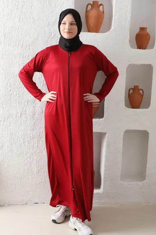 Zippered Seasonal Lightweight Fabric Women's Prayer Dress Abaya-Burgundy - 3